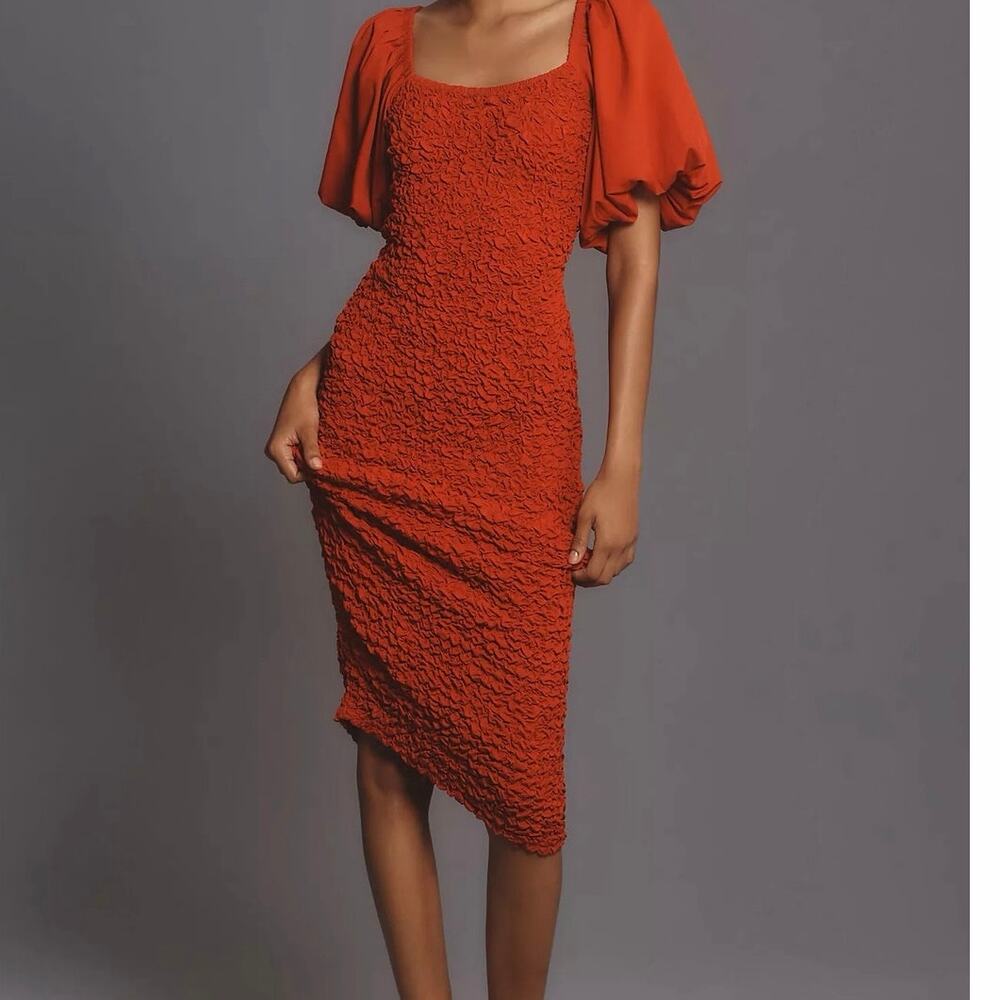 Anthropologie Red Popcorn Textured Puff Sleeve Maxi Dress Holiday Maternity